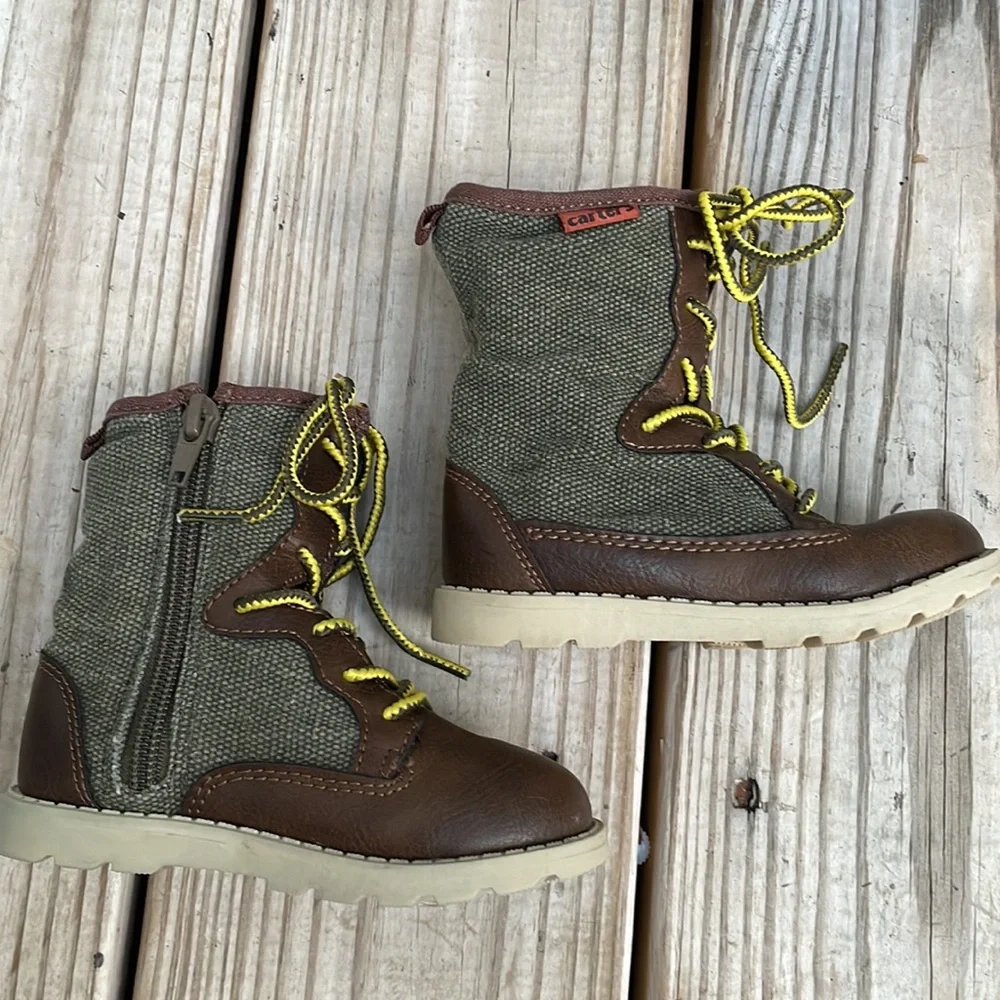 Carter’s Toddler Boys Lace-Up Boots Brown/Olive Size 6 Side Zip EUC